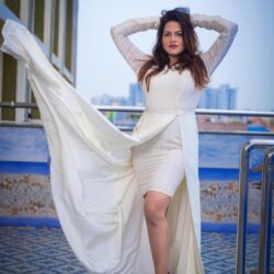 White embroidered lace overlay two in one dress