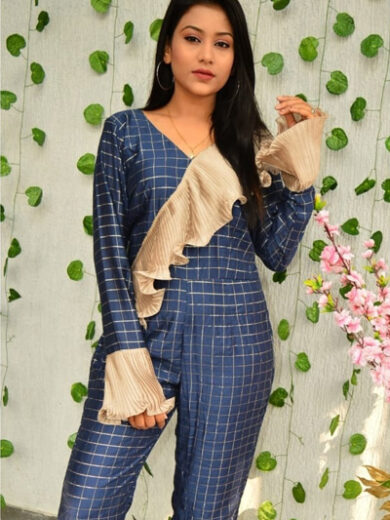 Blue Checks Jumpsuit with pleated flat & Sleeves and bottom layer